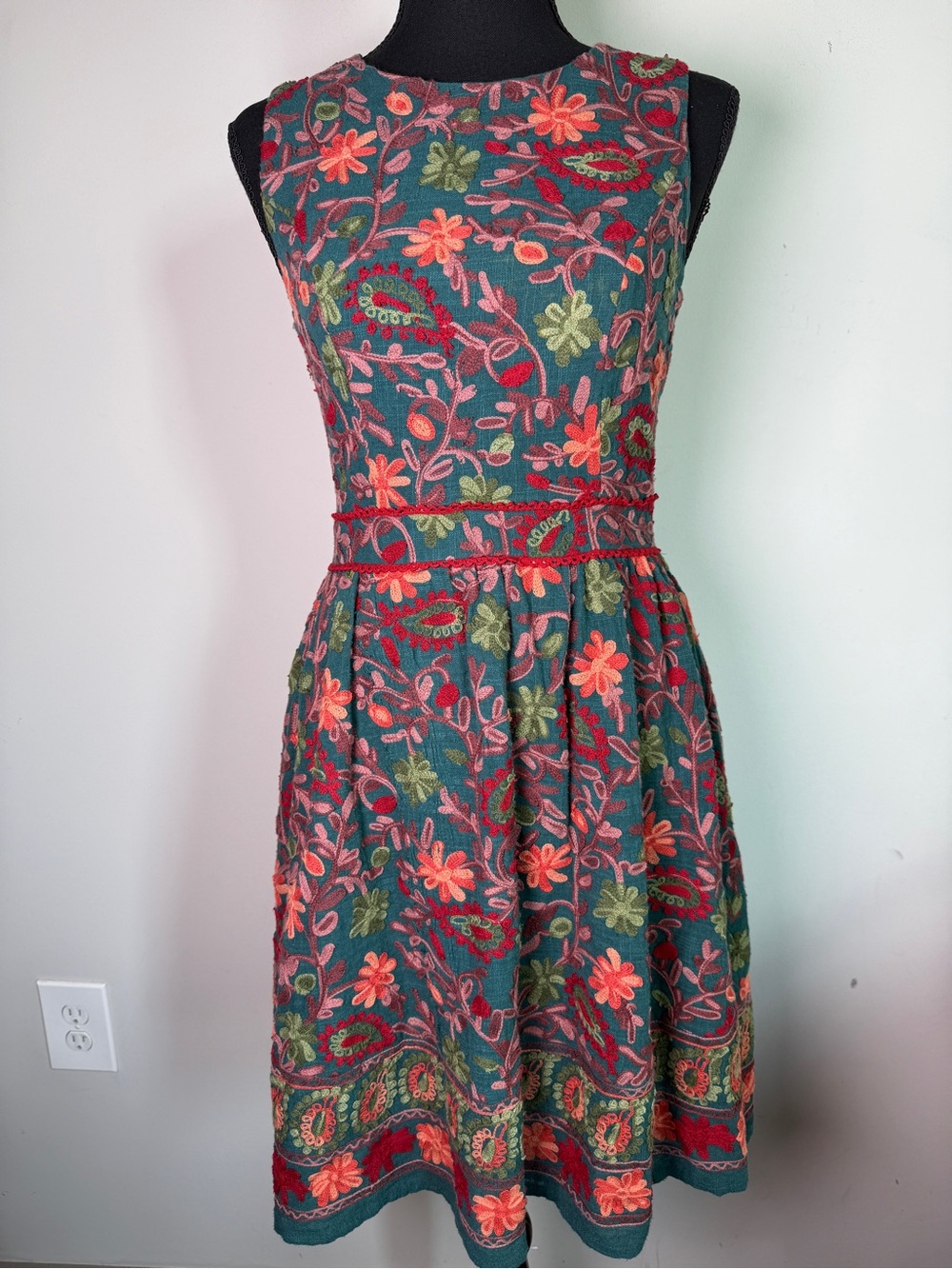 Floral Embroidered Teal A-Line Dress